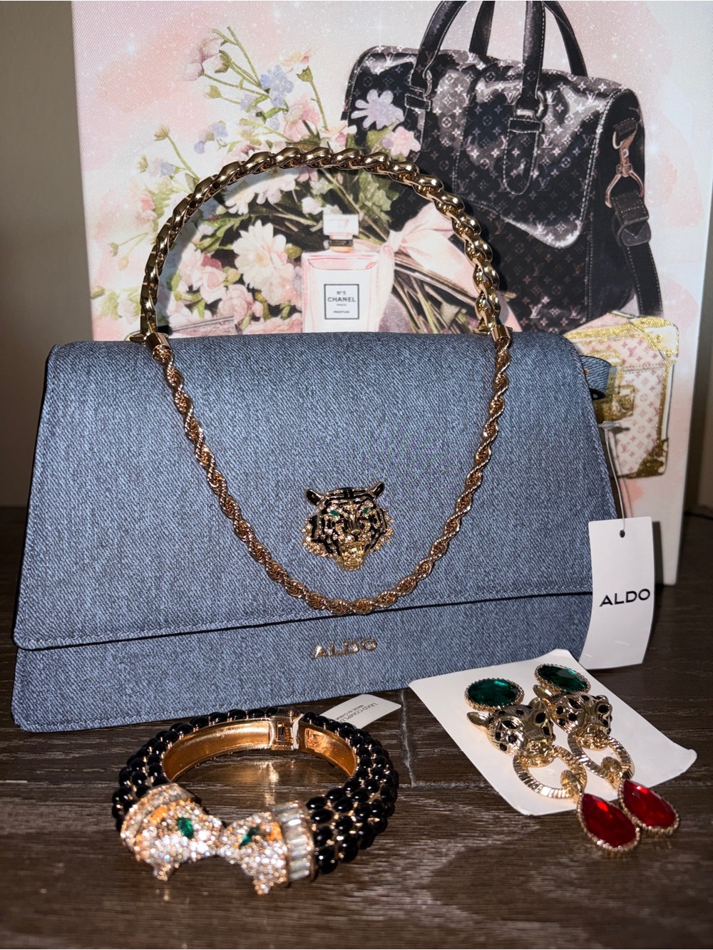 ALDO Blue Denim Top-Handle Satchel and Crossbody Gold-Tone Chain & Tiger Accent